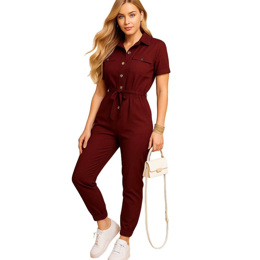 Tailored one-piece jumpsuit for women with flattering fit and button closure, perfect for workdays, brunch, or stylish evenings out.