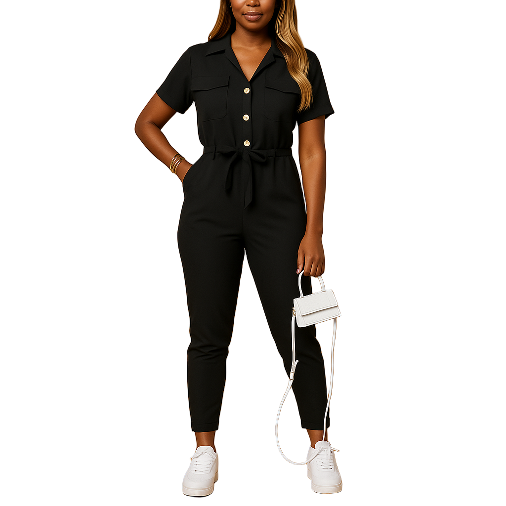 Tailored one-piece jumpsuit for women with flattering fit and button closure, perfect for workdays, brunch, or stylish evenings out.