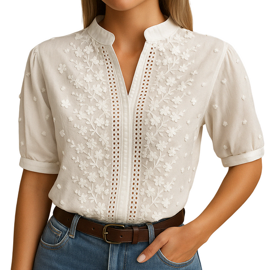 Elegant white blouse for women with a classic collar and button closure, perfect for work or casual occasions.