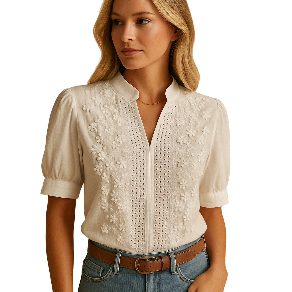 Elegant white blouse for women with a classic collar and button closure, perfect for work or casual occasions.