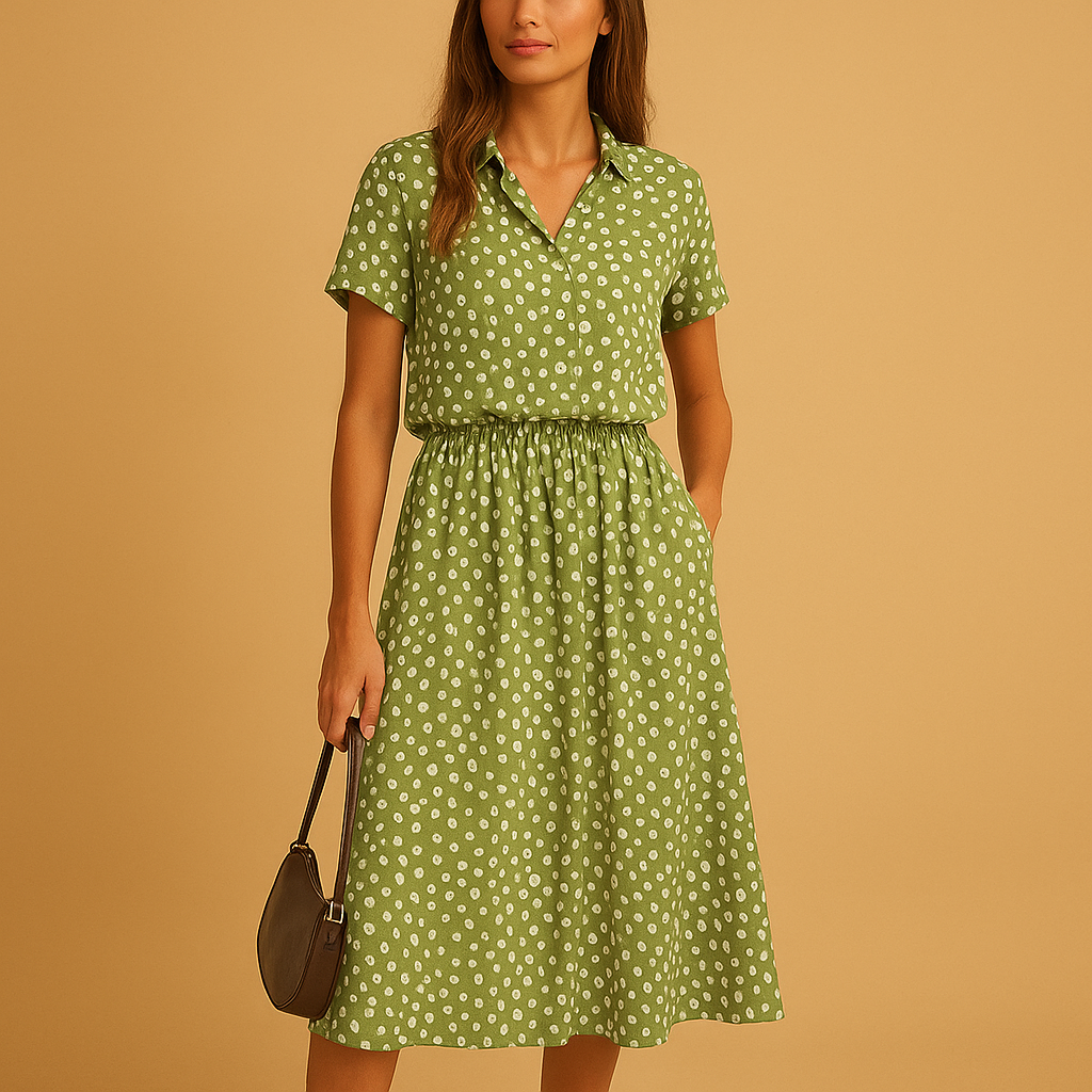 A-line midi dress for women with V-neck, short sleeves, and button details, perfect for casual outings, summer events, and stylish daytime looks.