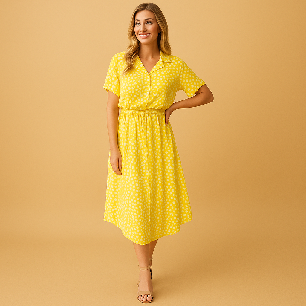 A-line midi dress for women with V-neck, short sleeves, and button details, perfect for casual outings, summer events, and stylish daytime looks.