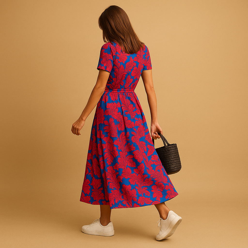 A-line summer dress for women with V-neck, puff sleeves, and button details, perfect for casual outings, summer events, and relaxed chic occasions.