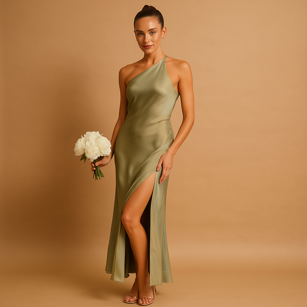 Asymmetrical evening dress with high slit for women featuring a fitted silhouette, ideal for galas, formal dinners, and special occasions.