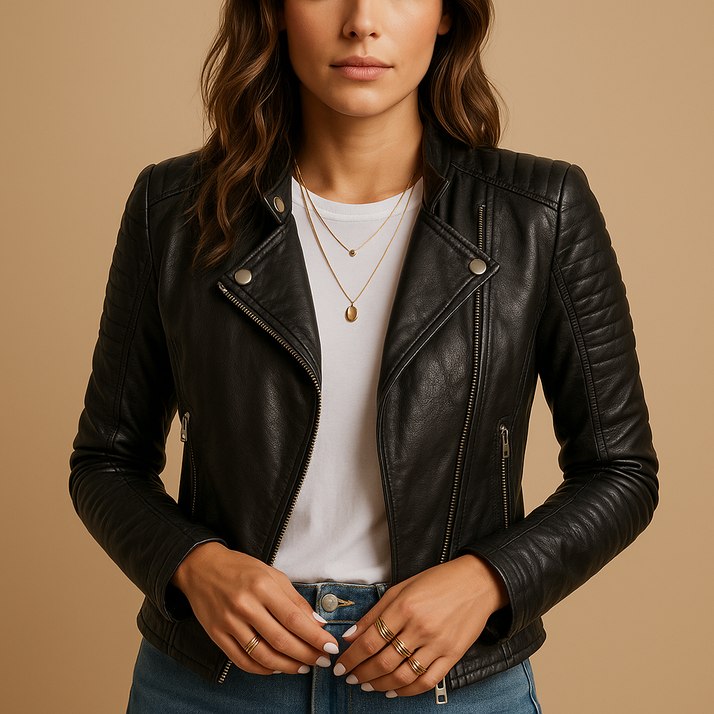 Woman wearing a black tailored jacket for women with a sleek fit, classic collar, and zipper closure, styled for casual and polished looks.