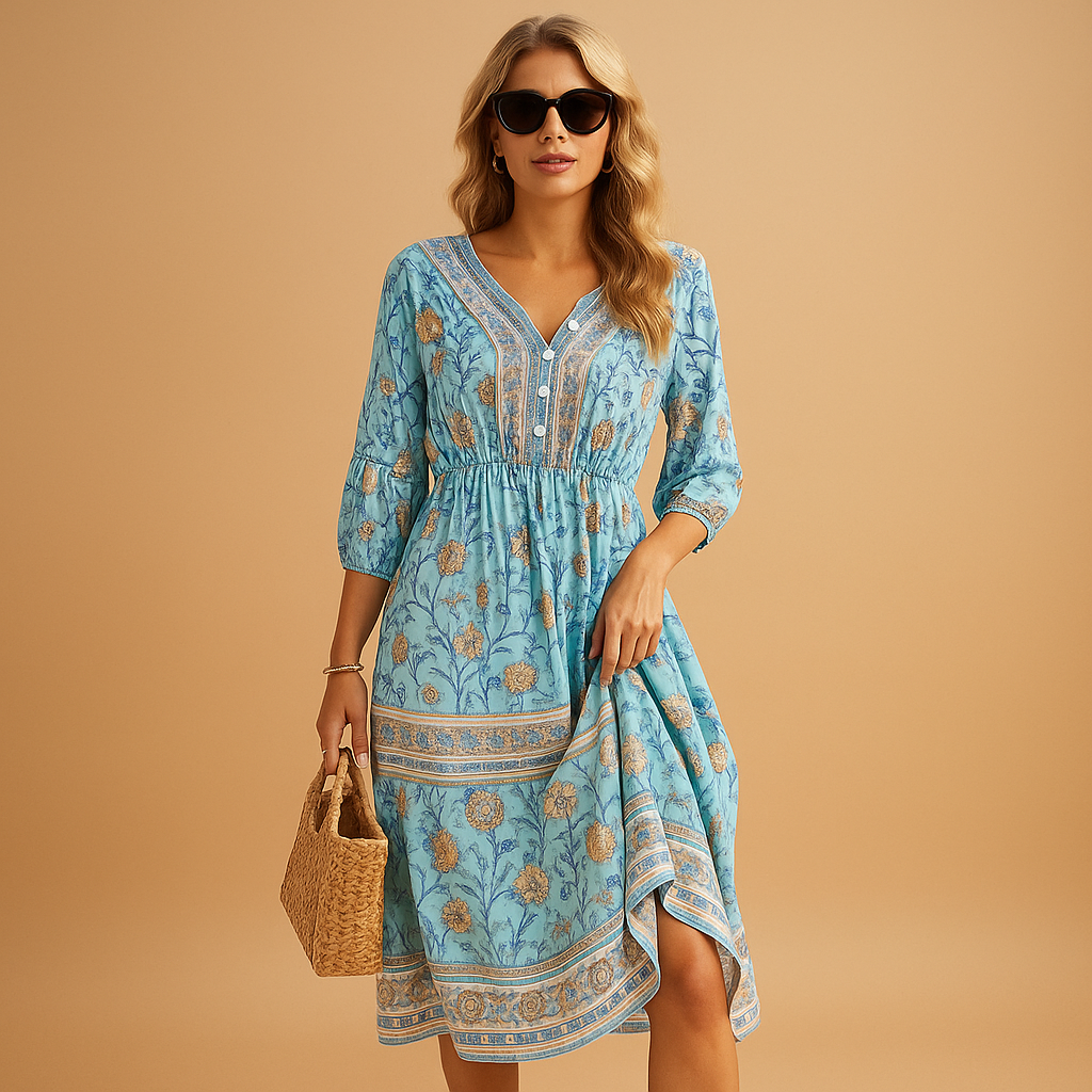 Bohemian summer dress for women with an airy loose fit and refined patterns, perfect for festivals, beach days, and casual summer outings.
