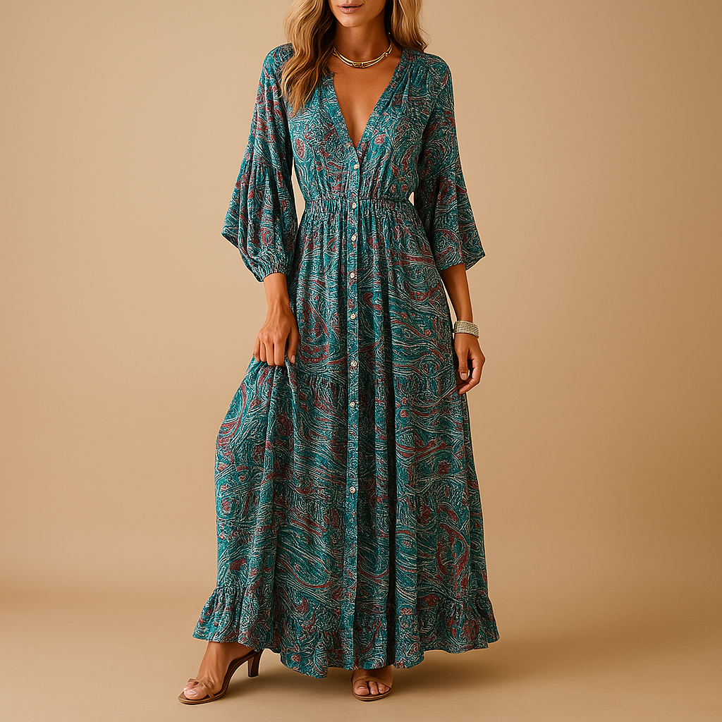 Boho maxi dress for women with flowing long silhouette and feminine bohemian style, ideal for summer days, parties, weddings, and casual outings.