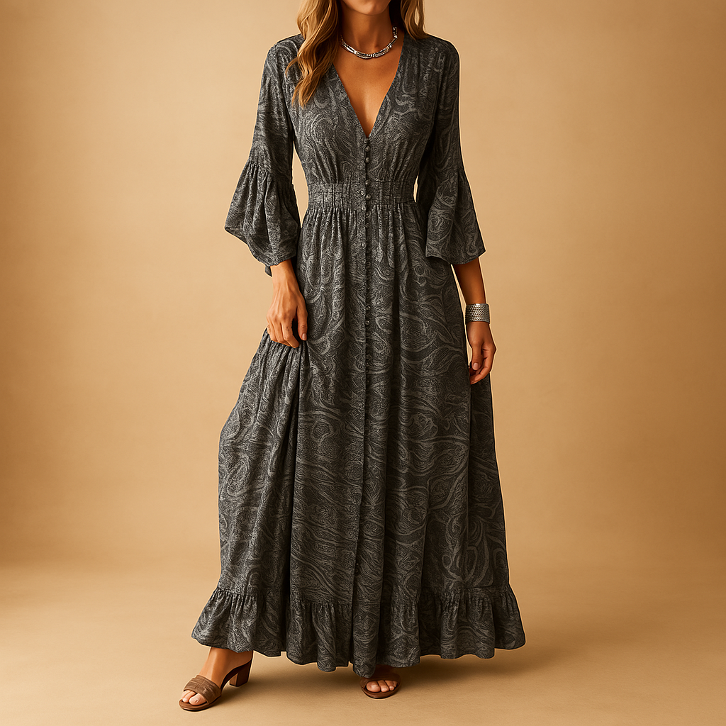 Boho maxi dress for women with flowing long silhouette and feminine bohemian style, ideal for summer days, parties, weddings, and casual outings.