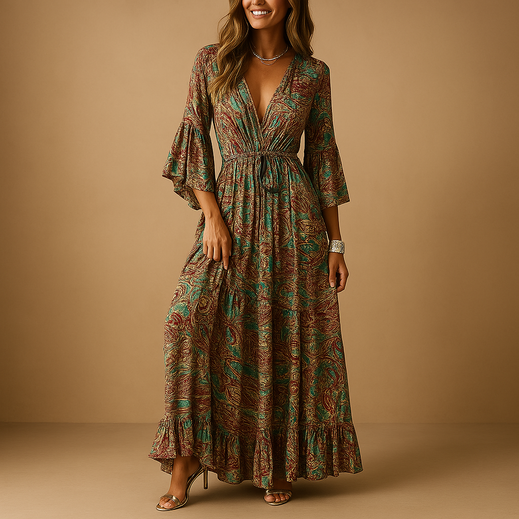 Boho maxi dress for women with flowing long silhouette and feminine bohemian style, ideal for summer days, parties, weddings, and casual outings.