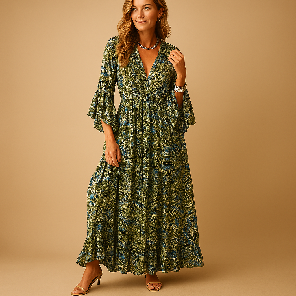 Boho maxi dress for women with flowing long silhouette and feminine bohemian style, ideal for summer days, parties, weddings, and casual outings.