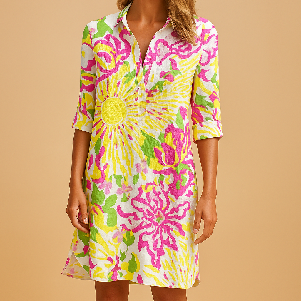 Women’s boho summer dress with V-neck and lightweight fabric, featuring a bohemian print ideal for beach walks, brunches, and warm sunny days.