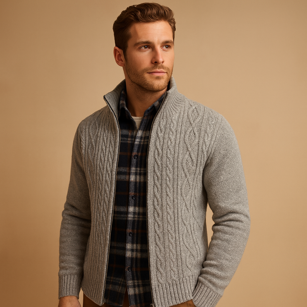 Men’s cable knit sweater with soft check lining, designed for warmth and versatile styling during autumn and winter.