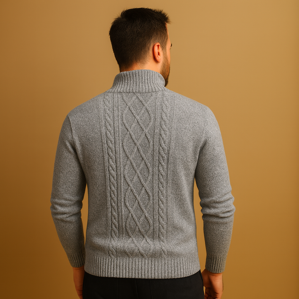Men’s cable knit sweater with soft check lining, designed for warmth and versatile styling during autumn and winter.
