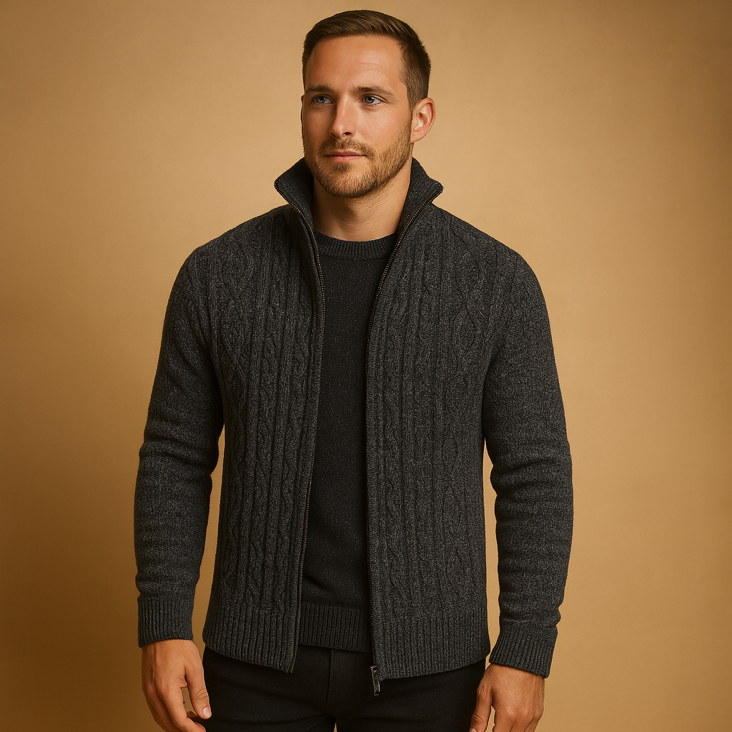 Men’s cable knit sweater with soft check lining, designed for warmth and versatile styling during autumn and winter.
