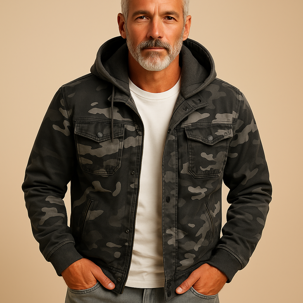 Men’s camouflage outdoor jacket with waterproof and durable design, adjustable cuffs, and deep pockets, suitable for outdoor activities and everyday wear.