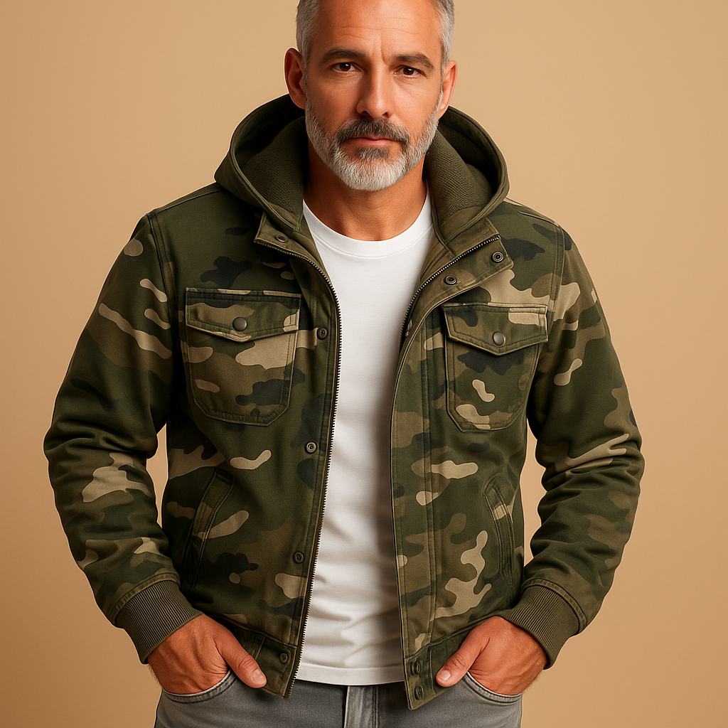 Men’s camouflage outdoor jacket with waterproof and durable design, adjustable cuffs, and deep pockets, suitable for outdoor activities and everyday wear.
