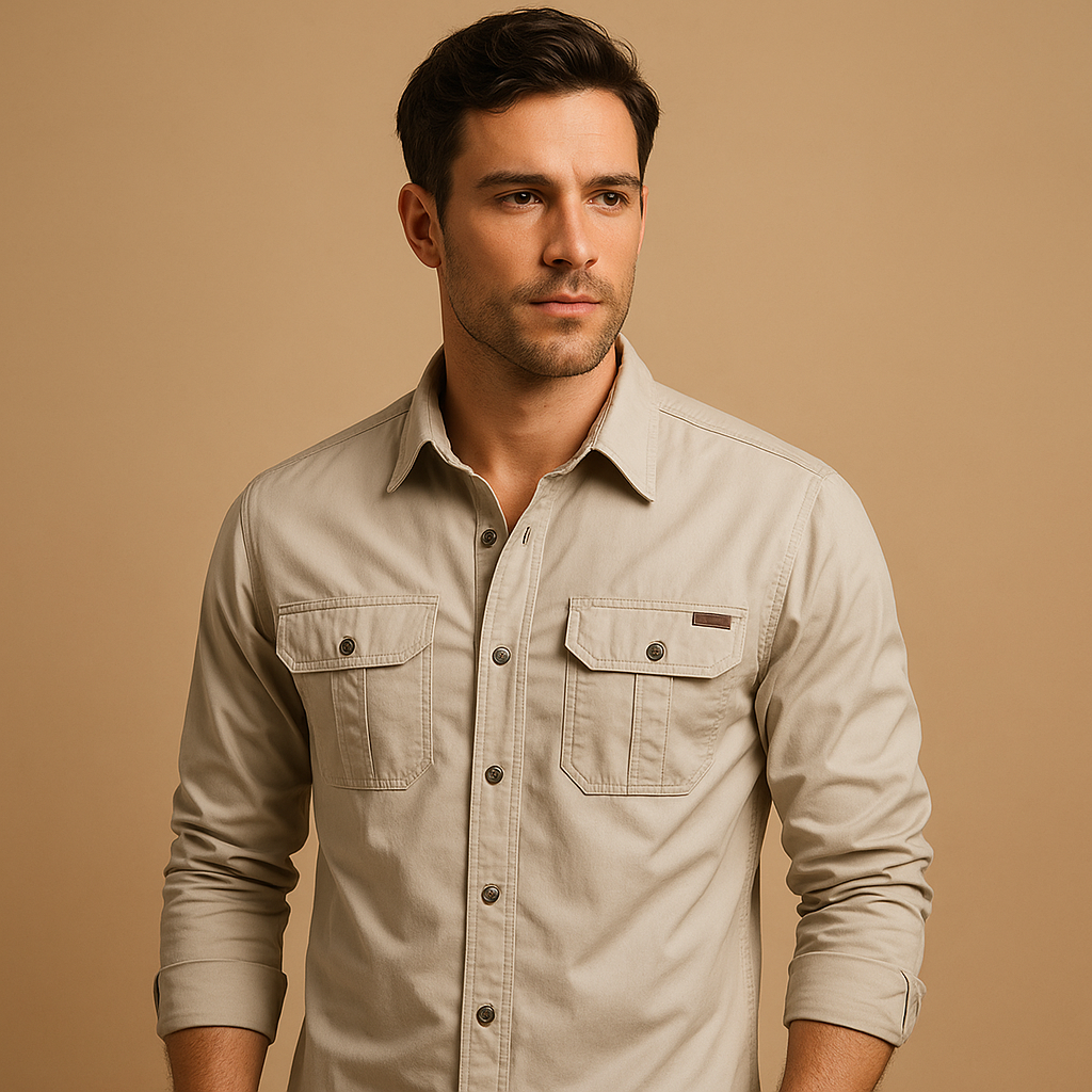 Casual cargo button-up shirt for men with a relaxed fit and practical pockets, ideal for outdoor activities, layering, and everyday casual outfits.