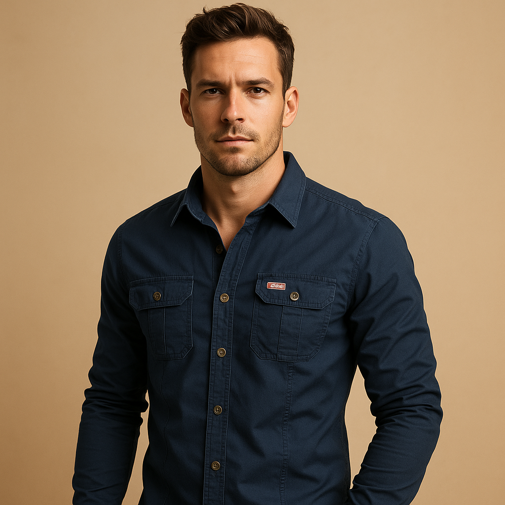 Casual cargo button-up shirt for men with a relaxed fit and practical pockets, ideal for outdoor activities, layering, and everyday casual outfits.