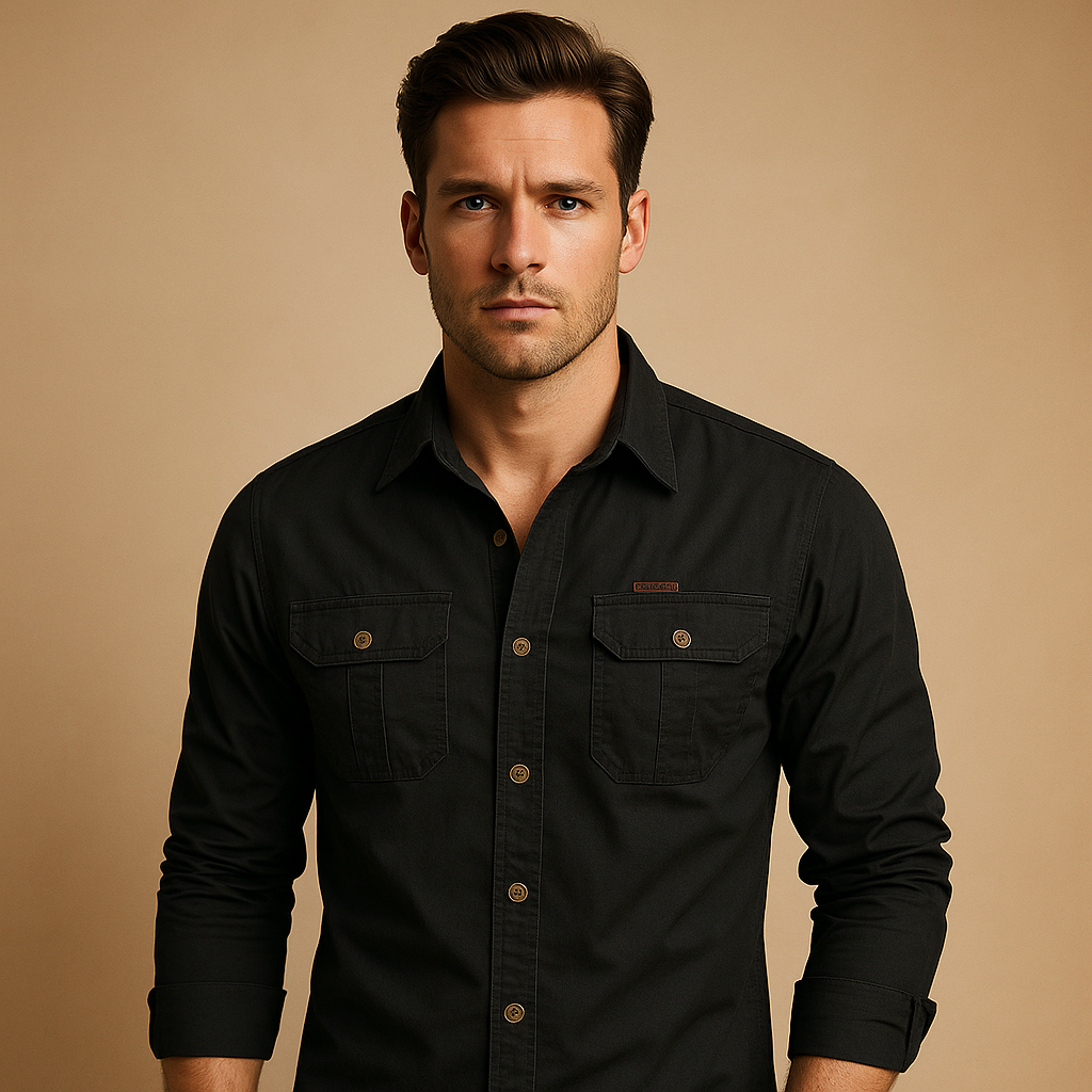 Casual cargo button-up shirt for men with a relaxed fit and practical pockets, ideal for outdoor activities, layering, and everyday casual outfits.