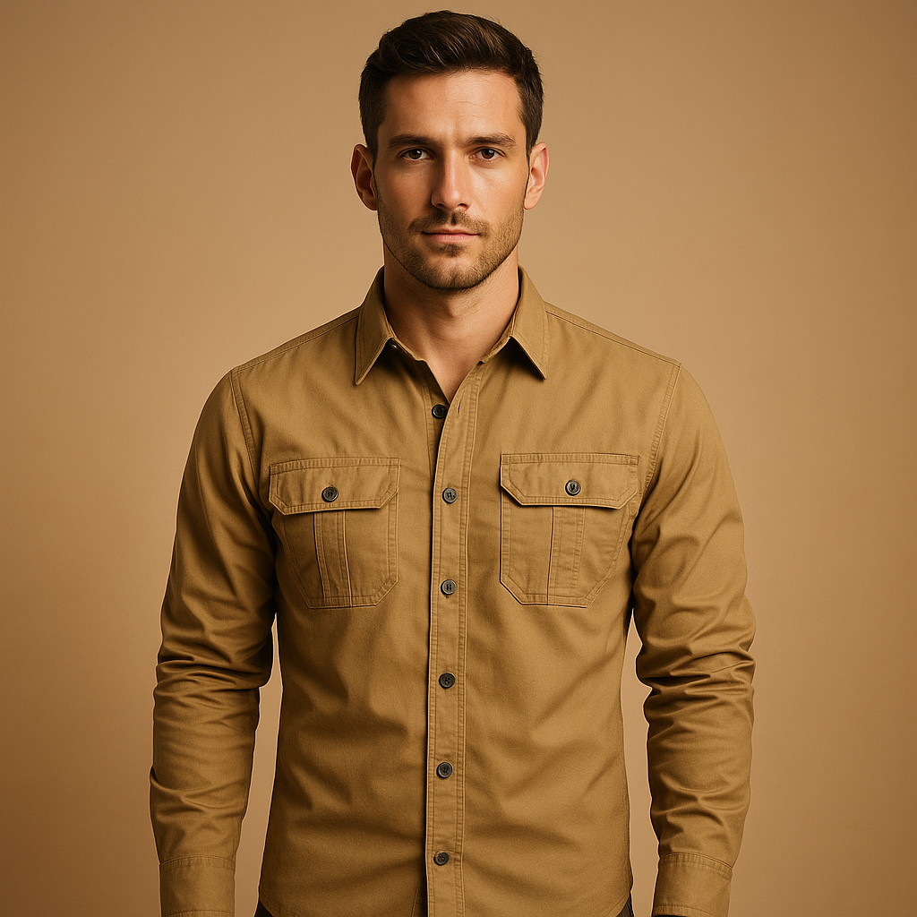 Casual cargo button-up shirt for men with a relaxed fit and practical pockets, ideal for outdoor activities, layering, and everyday casual outfits.
