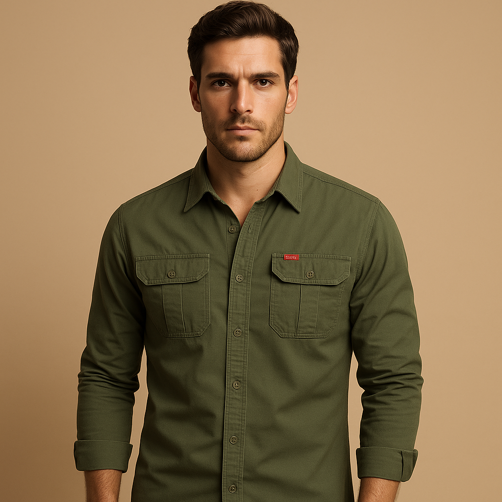 Casual cargo button-up shirt for men with a relaxed fit and practical pockets, ideal for outdoor activities, layering, and everyday casual outfits.