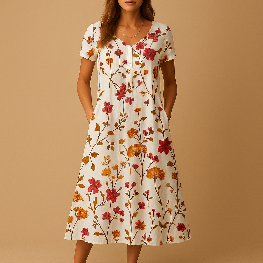 Casual floral midi dress for women with comfortable fit and refined details, ideal for work, dinners, and everyday wear.