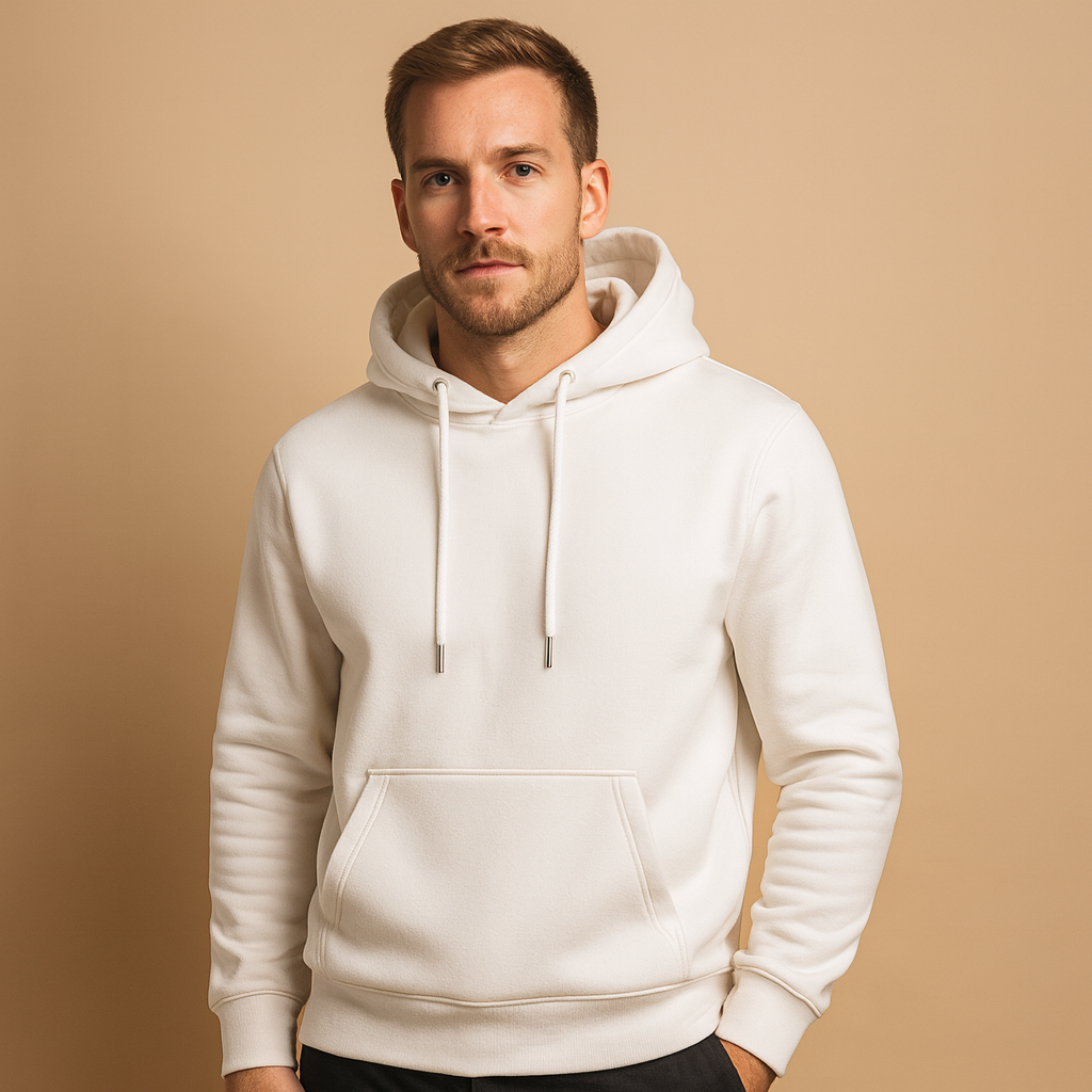 Men’s casual hoodie with adjustable drawstring hood and kangaroo pocket, designed for everyday comfort and versatile all-season wear.