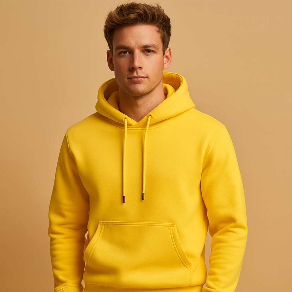 Men’s casual hoodie with adjustable drawstring hood and kangaroo pocket, designed for everyday comfort and versatile all-season wear.