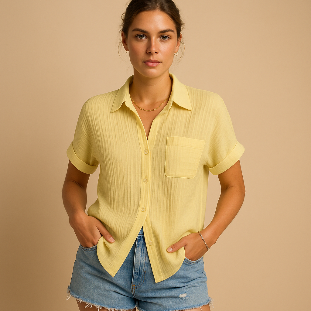 Women’s casual short-sleeve polo with a light flattering fit, classic collar, and chest pocket, ideal for summer outings and everyday wear.