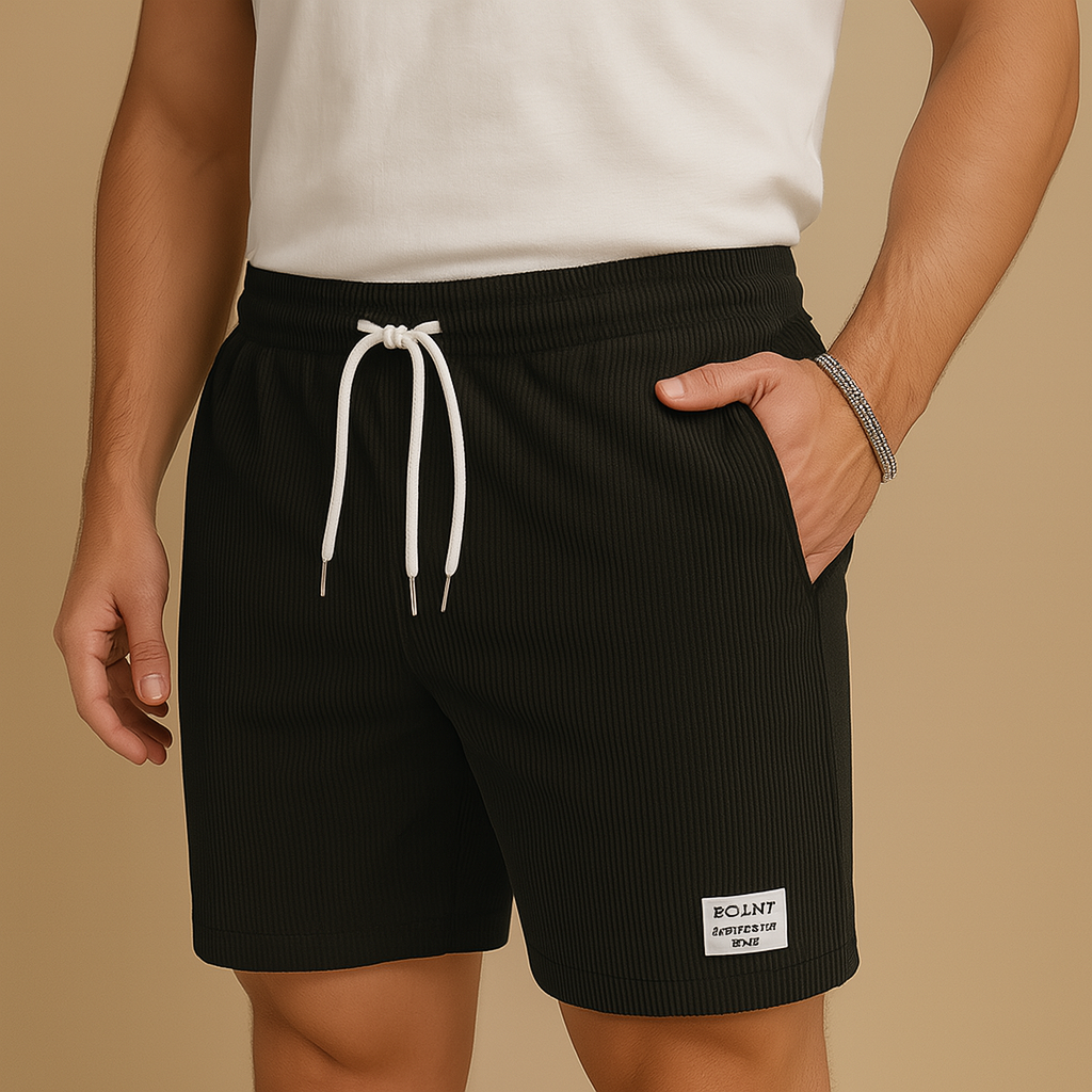 Men’s casual structured summer shorts with elastic waistband and drawstring, perfect for beach days, lounging, and warm weather outfits.