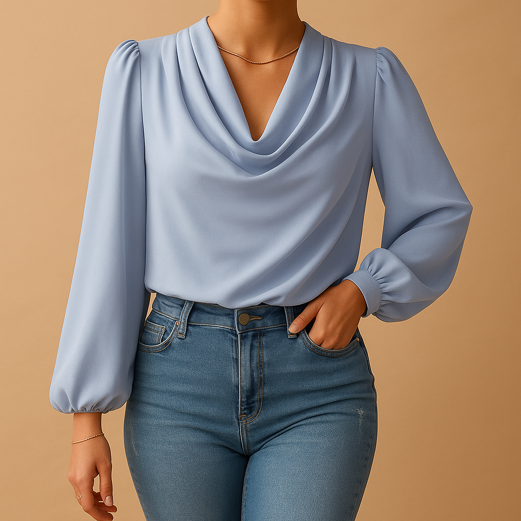 Women’s chiffon blouse with V-neck and puff sleeves in soft colors, ideal for casual outings and refined formal looks.