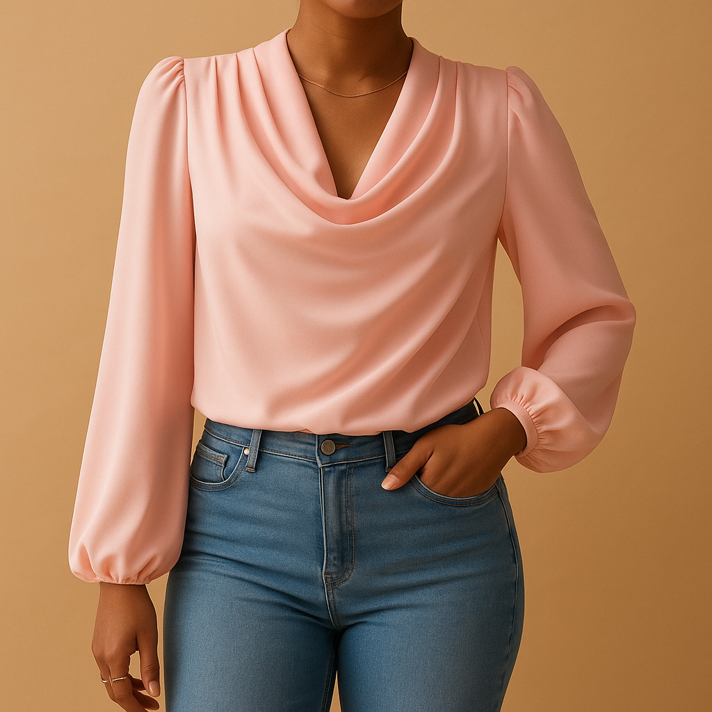 Women’s chiffon blouse with V-neck and puff sleeves in soft colors, ideal for casual outings and refined formal looks.