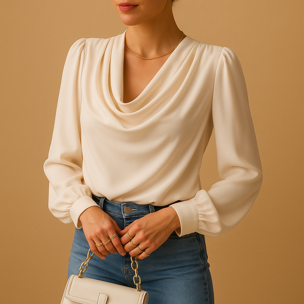 Women’s chiffon blouse with V-neck and puff sleeves in soft colors, ideal for casual outings and refined formal looks.