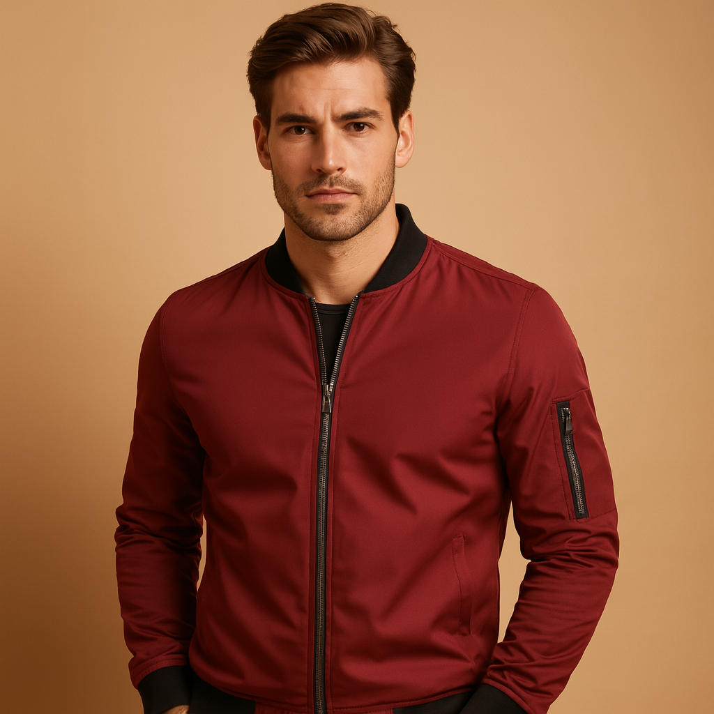 Men’s classic bomber jacket with front zip fastening, lightweight design, and comfortable fit, ideal for casual outfits and year-round wear.