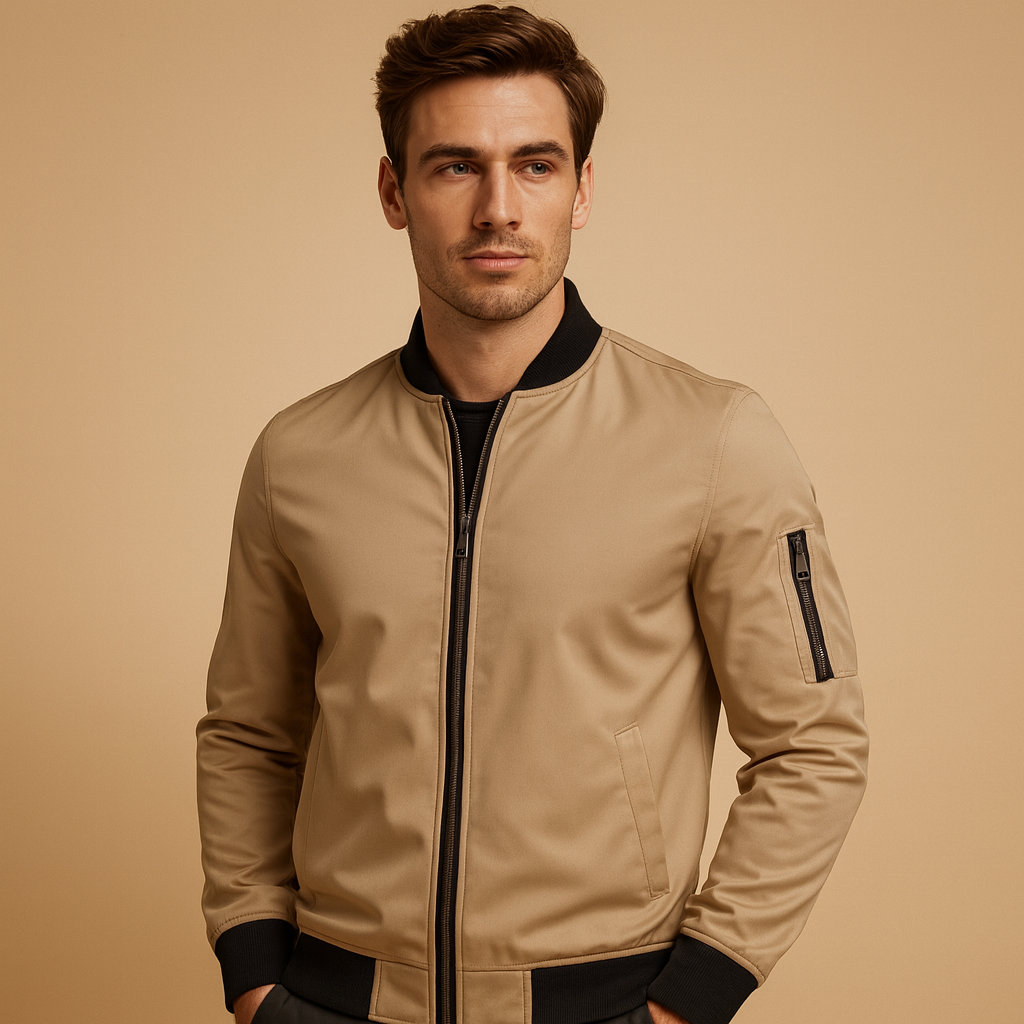 Men’s classic bomber jacket with front zip fastening, lightweight design, and comfortable fit, ideal for casual outfits and year-round wear.