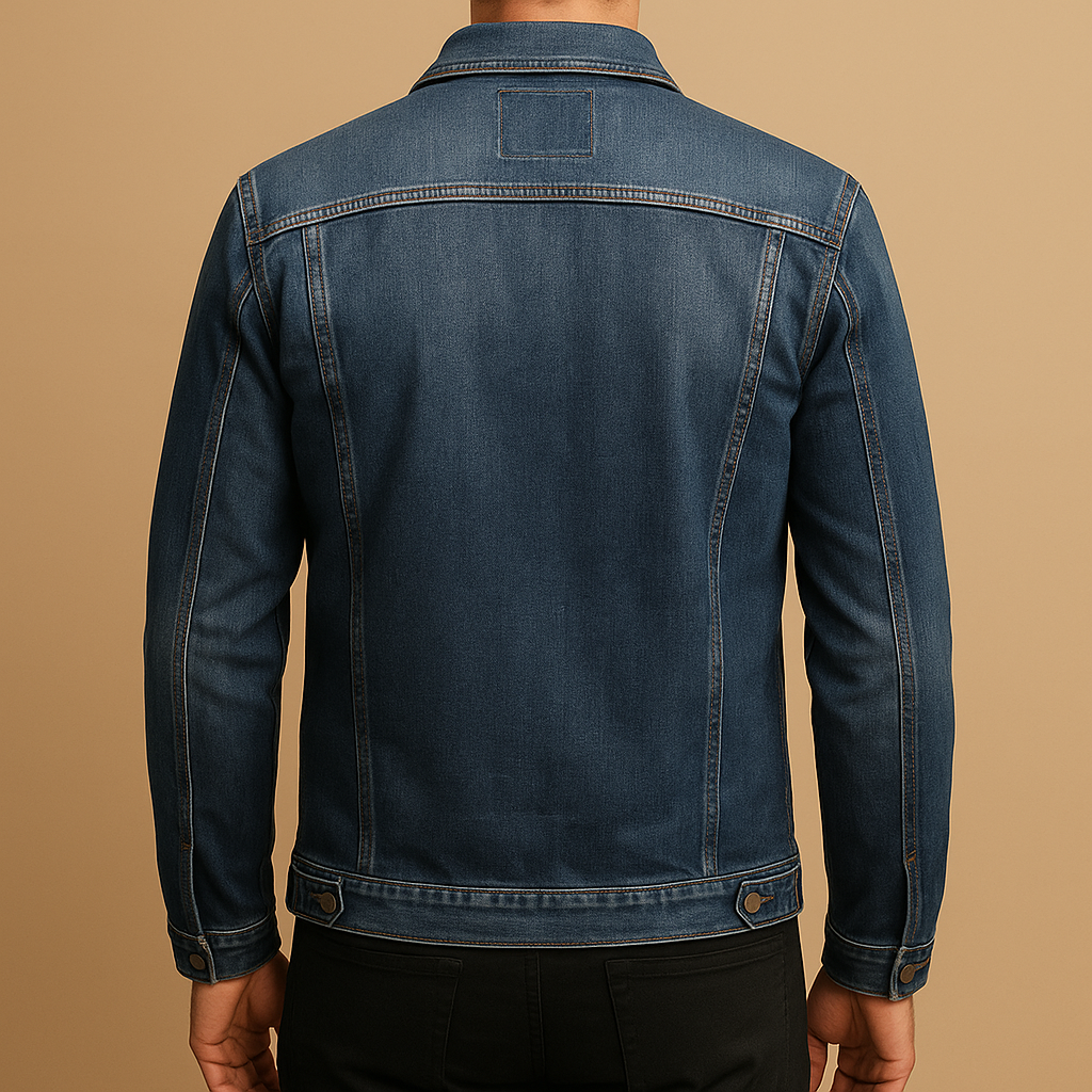 Men’s classic denim jacket in deep blue with a comfortable fit, designed for everyday wear, casual outfits, and cool outdoor days.