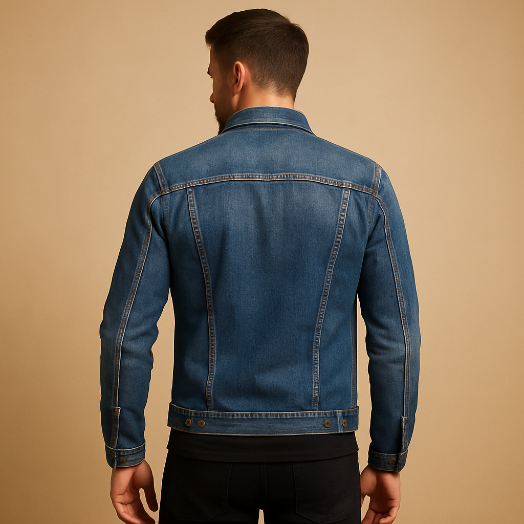 Men’s classic denim jacket with button closure and front pockets, designed for comfortable daily wear and casual occasions.