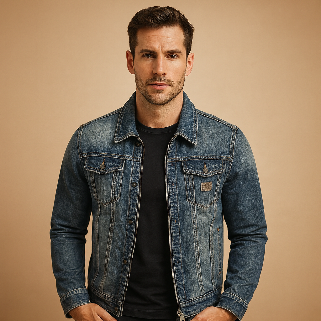 Men’s classic denim jacket with button closure and front pockets, designed for comfortable daily wear and casual occasions.