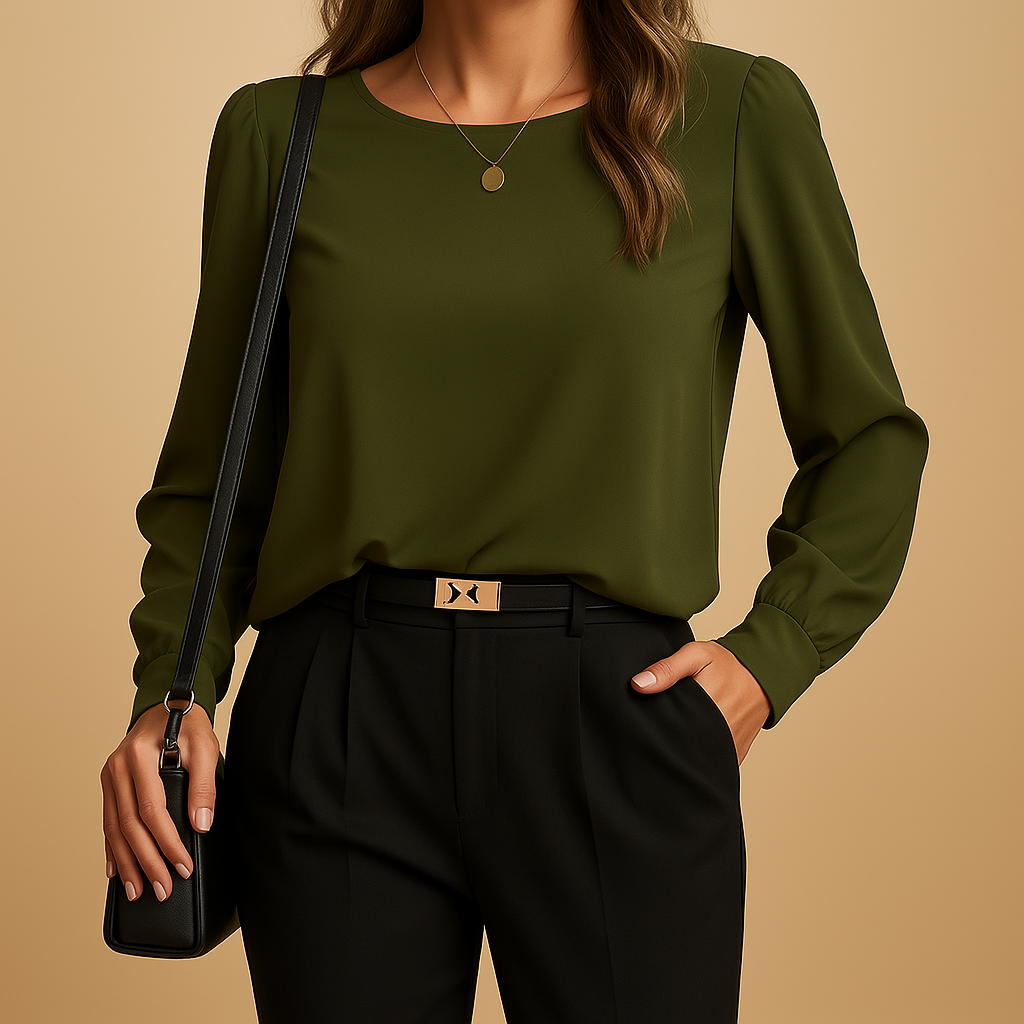 Women’s classic long-sleeve blouse with a breathable fabric and elegant fit, ideal for work, daily outfits, and layered autumn looks.