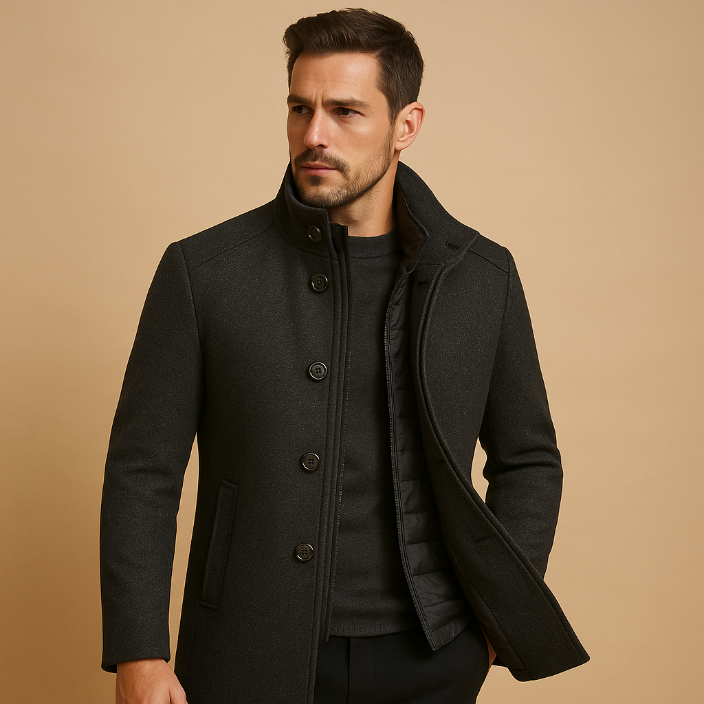 Men’s classic winter coat with a tailored fit and mandarin collar, suitable for formal occasions and everyday wear during autumn and winter.