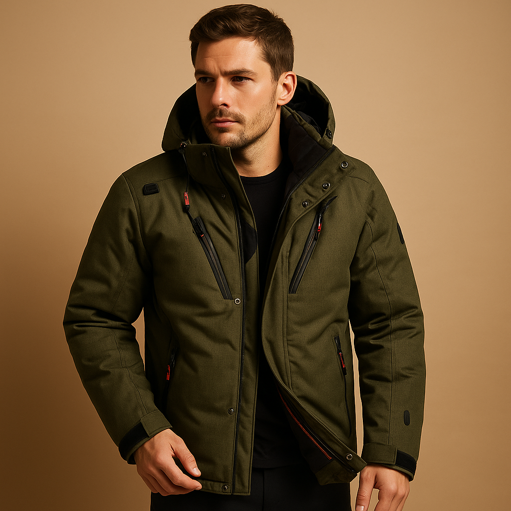 Men’s comfortable down parka with removable hood and regular fit, designed for winter wear and outdoor activities.