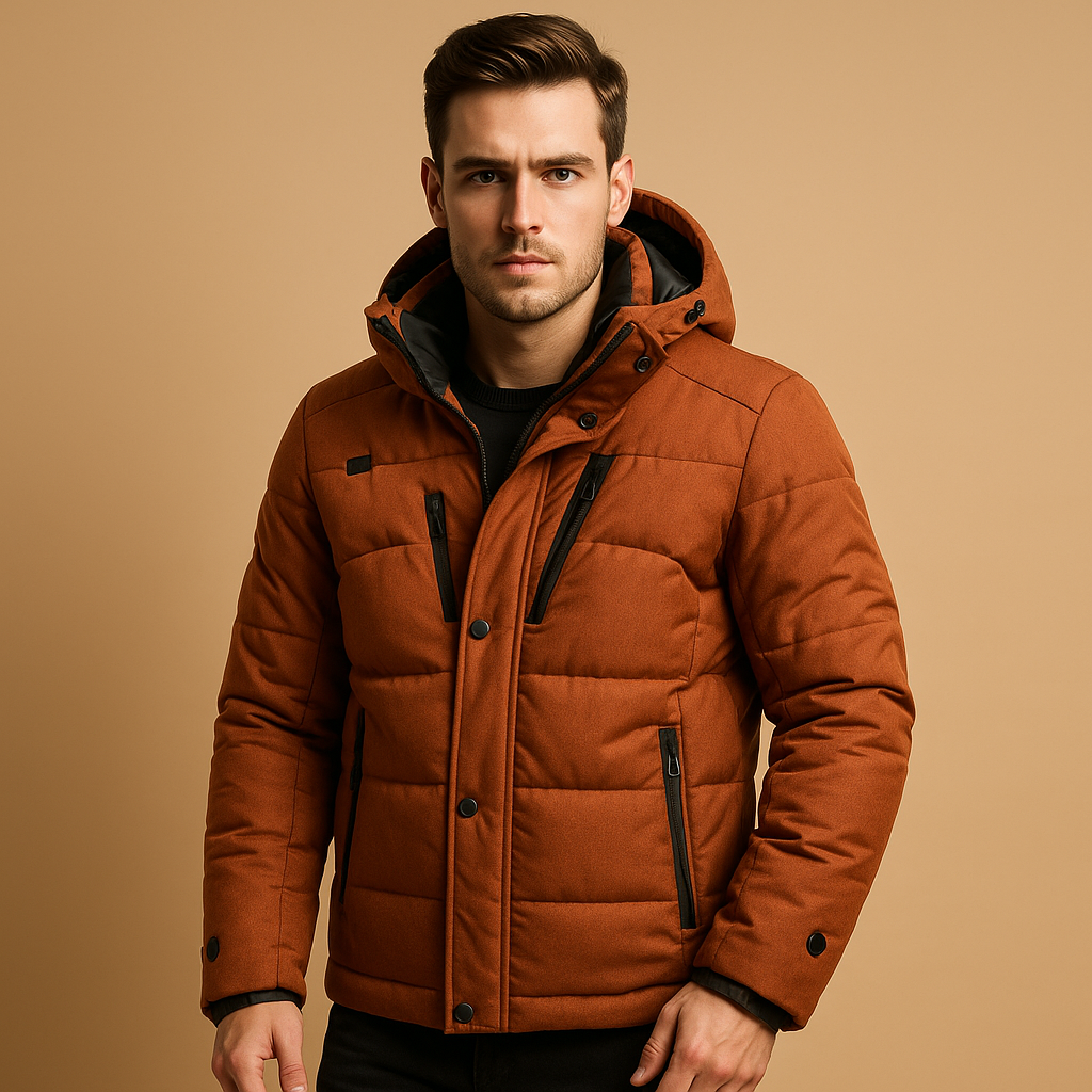 Men’s comfortable down parka with removable hood and regular fit, designed for winter wear and outdoor activities.