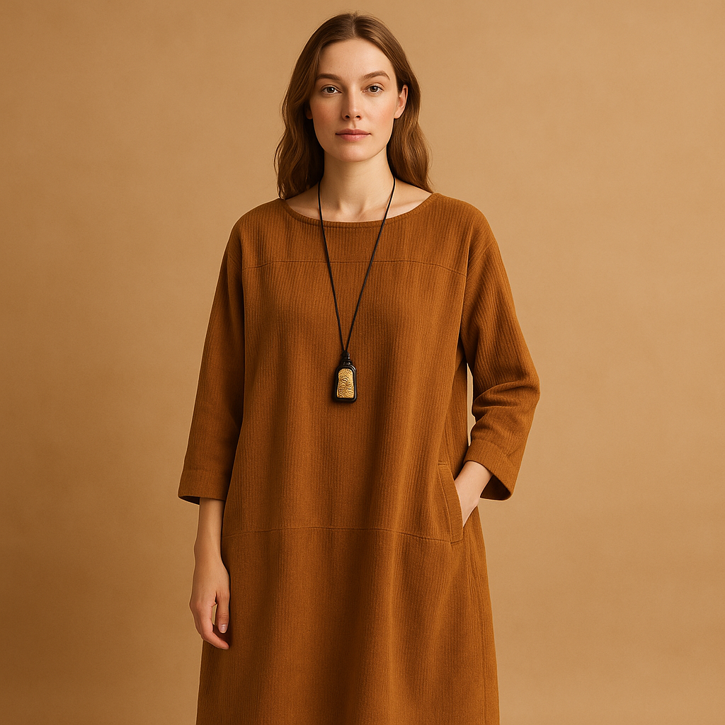 Women’s corduroy knee length summer dress with short sleeves and comfortable fit, perfect for warm days, casual outings, and everyday summer wear.