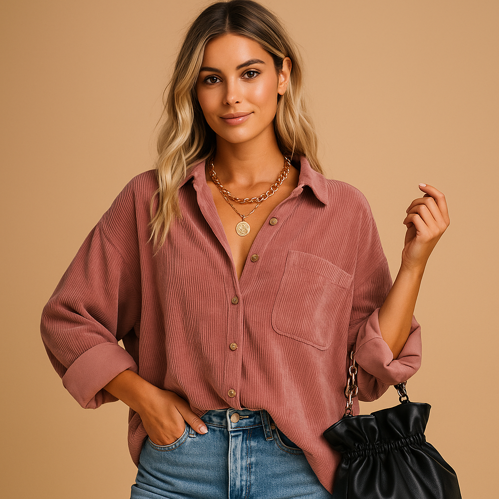 Corduroy knit jacket for women with rib-knit details, relaxed fit, and earth-tone colors, ideal for everyday wear across all seasons.