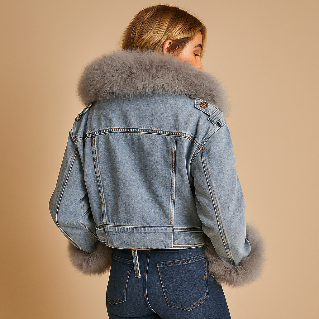 Women’s cropped denim winter jacket with soft faux-fur lining and a modern silhouette in classic denim blue.