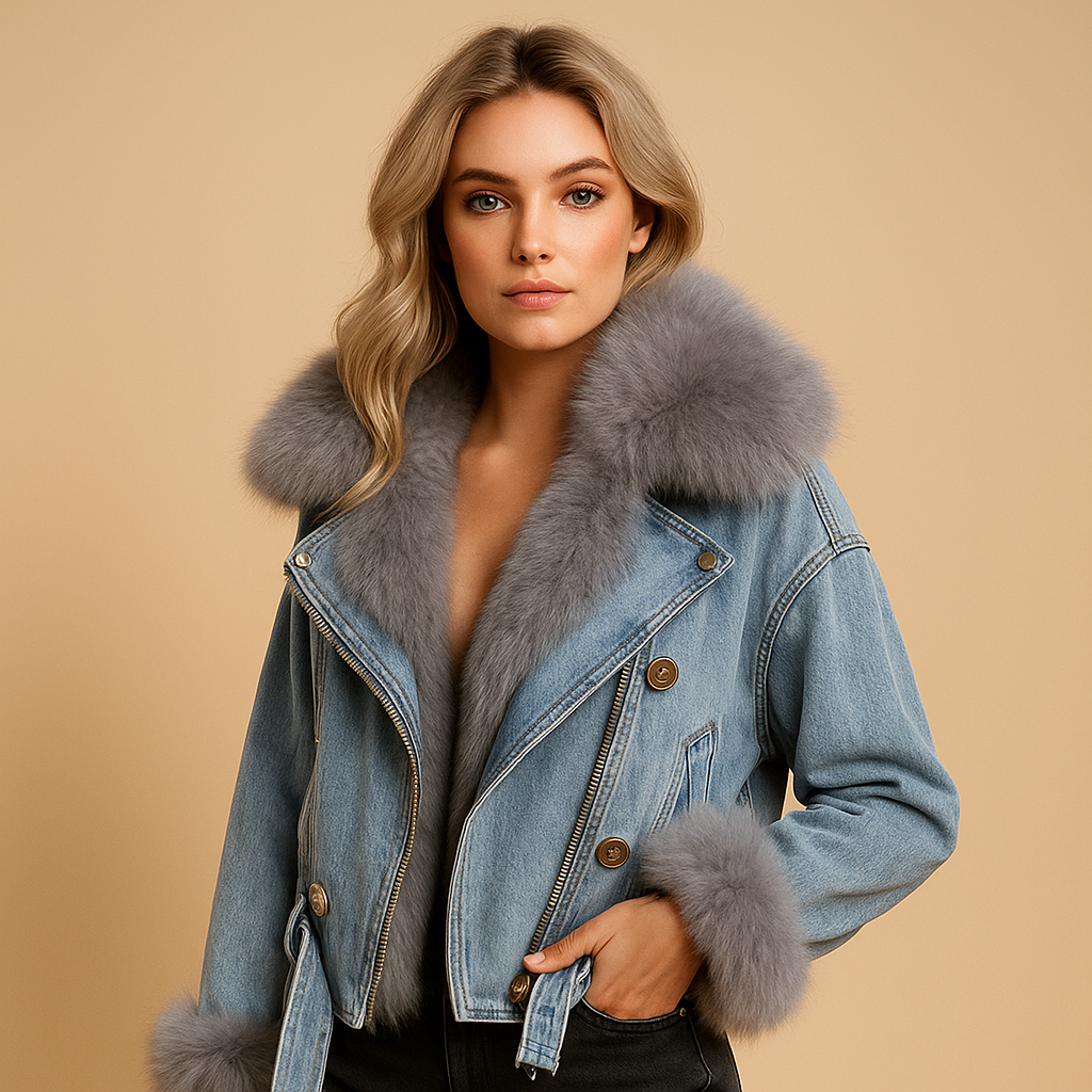 Women’s cropped denim winter jacket with soft faux-fur lining and a modern silhouette in classic denim blue.