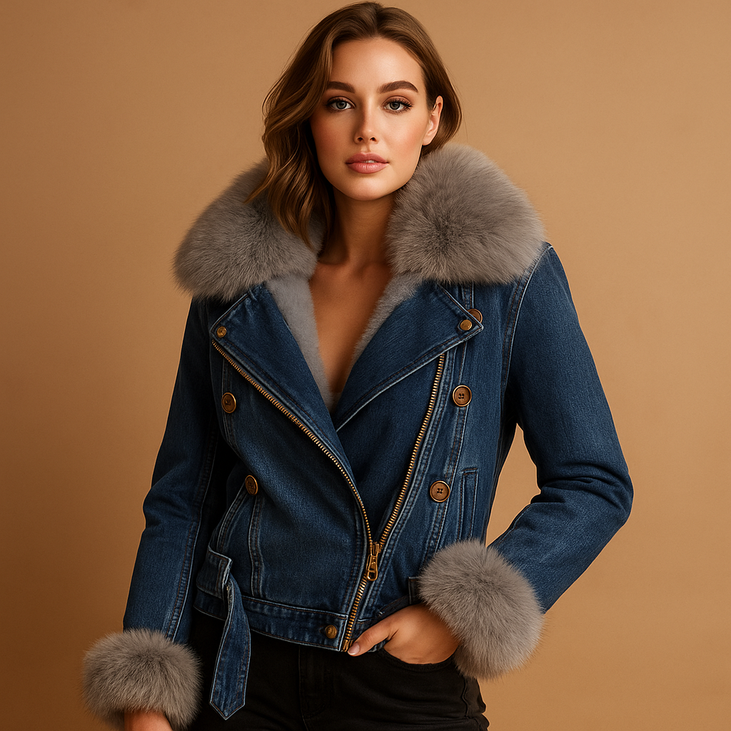 Women’s cropped denim winter jacket with soft faux-fur lining and a modern silhouette in classic denim blue.