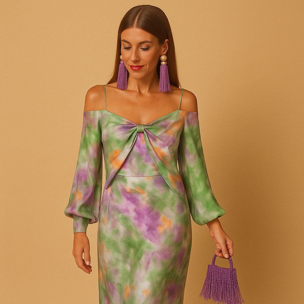 Deep V-neck maxi dress for women with halo dye print and flowing silhouette, perfect for summer weddings, beach parties, and vacations.