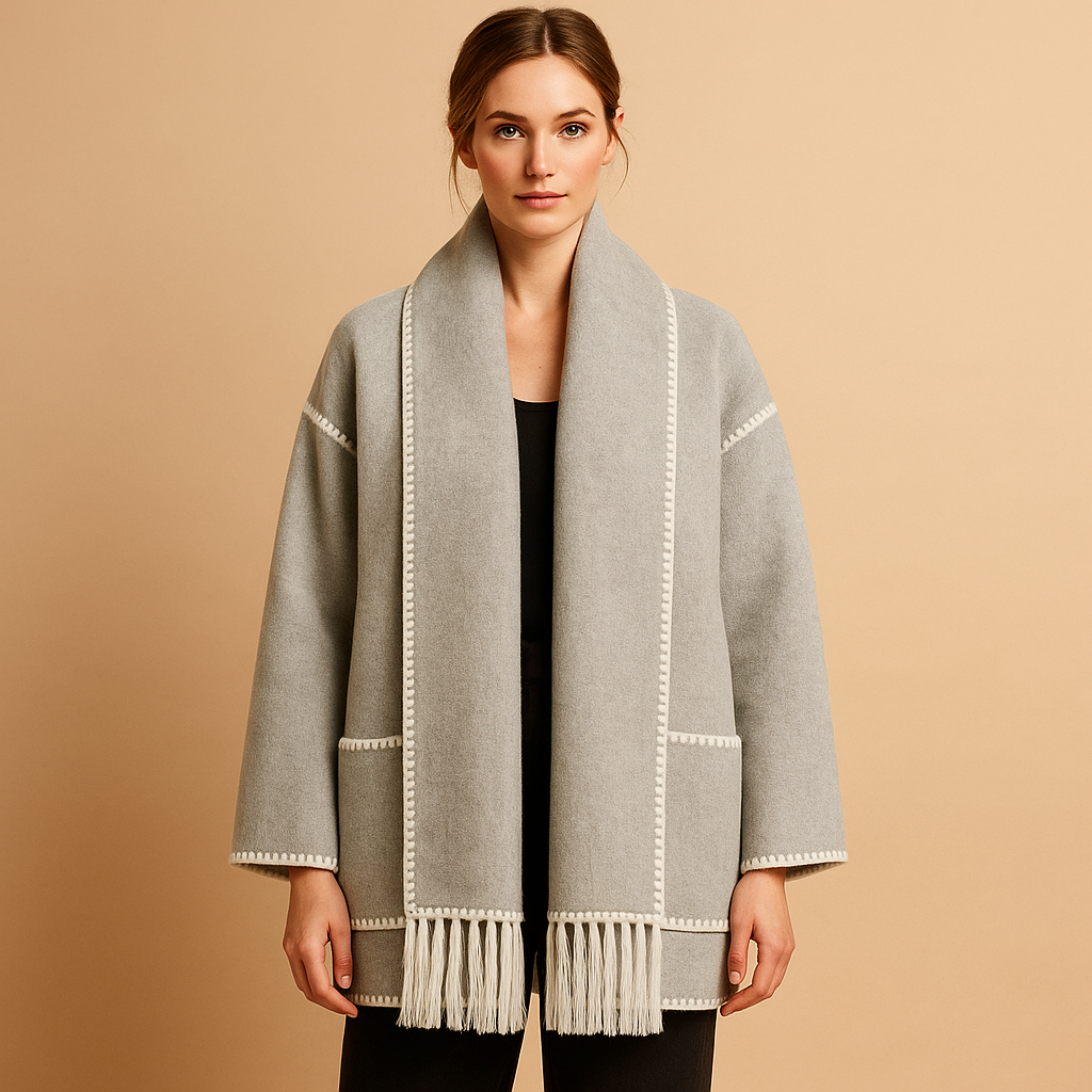 Women’s elegant belted winter coat with warm lining and removable scarf, ideal for winter days, city outings, and formal occasions.