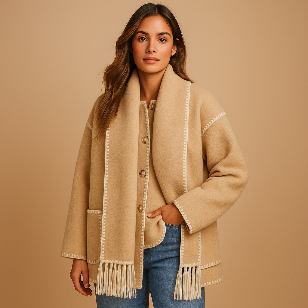 Women’s elegant belted winter coat with warm lining and removable scarf, ideal for winter days, city outings, and formal occasions.